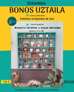Estos son los talleres de este verano. Julio está lleno de cerámica, con dos propuestas y además puedes venir a habcer torno, o piezas de elección y tema libre. Te esperamos.