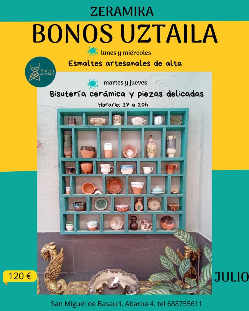 Estos son los talleres de este verano. Julio está lleno de cerámica, con dos propuestas y además puedes venir a habcer torno, o piezas de elección y tema libre. Te esperamos.